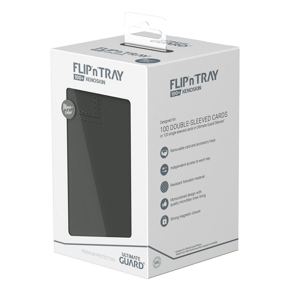 Ultimate Guard Flip'n'Tray 100+ Xenoskin deck box in grey, retail packaging, side view with features