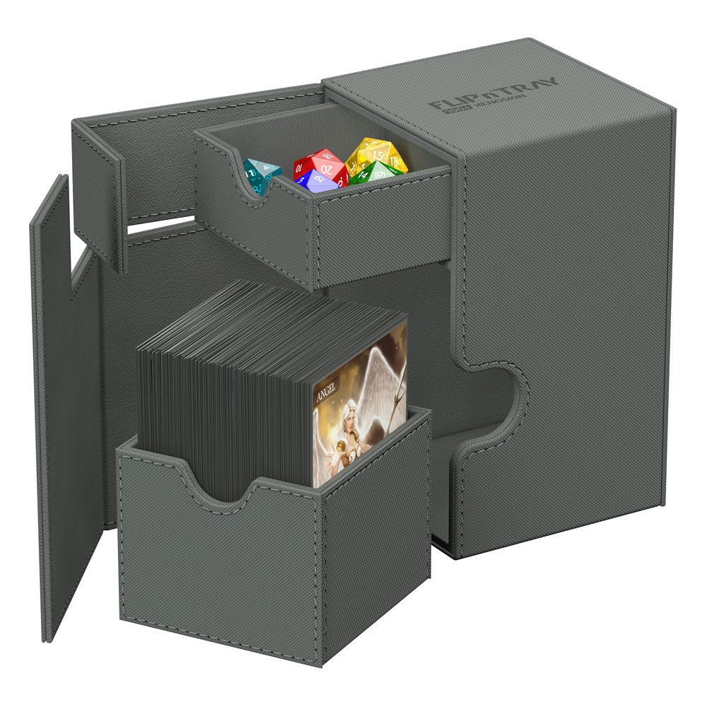 Ultimate Guard Flip'n'Tray 100+ Xenoskin deck box in grey, card tray tipped out, dice tray filled