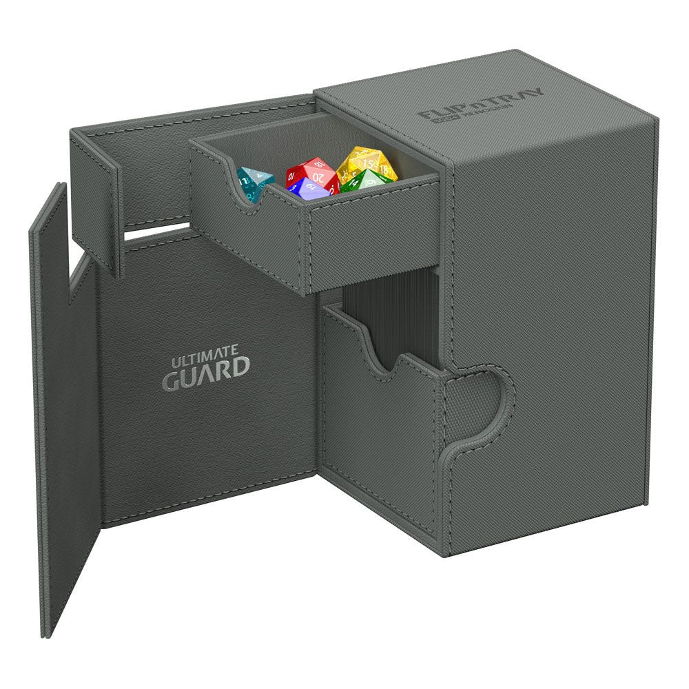 Ultimate Guard Flip'n'Tray 100+ Xenoskin deck box in grey, open, dice tray and empty deck compartment