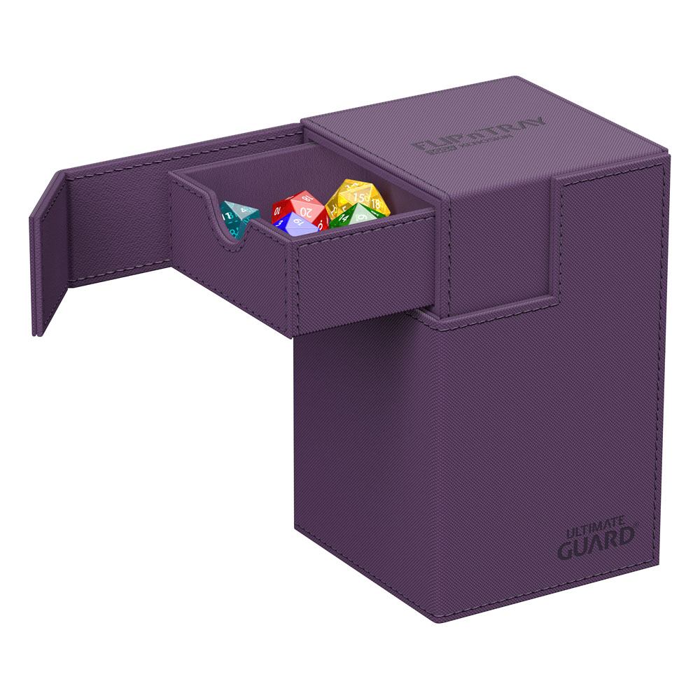 Ultimate Guard Flip'n'Tray 100+ Xenoskin deck box in purple, top opened to show dice tray with dice