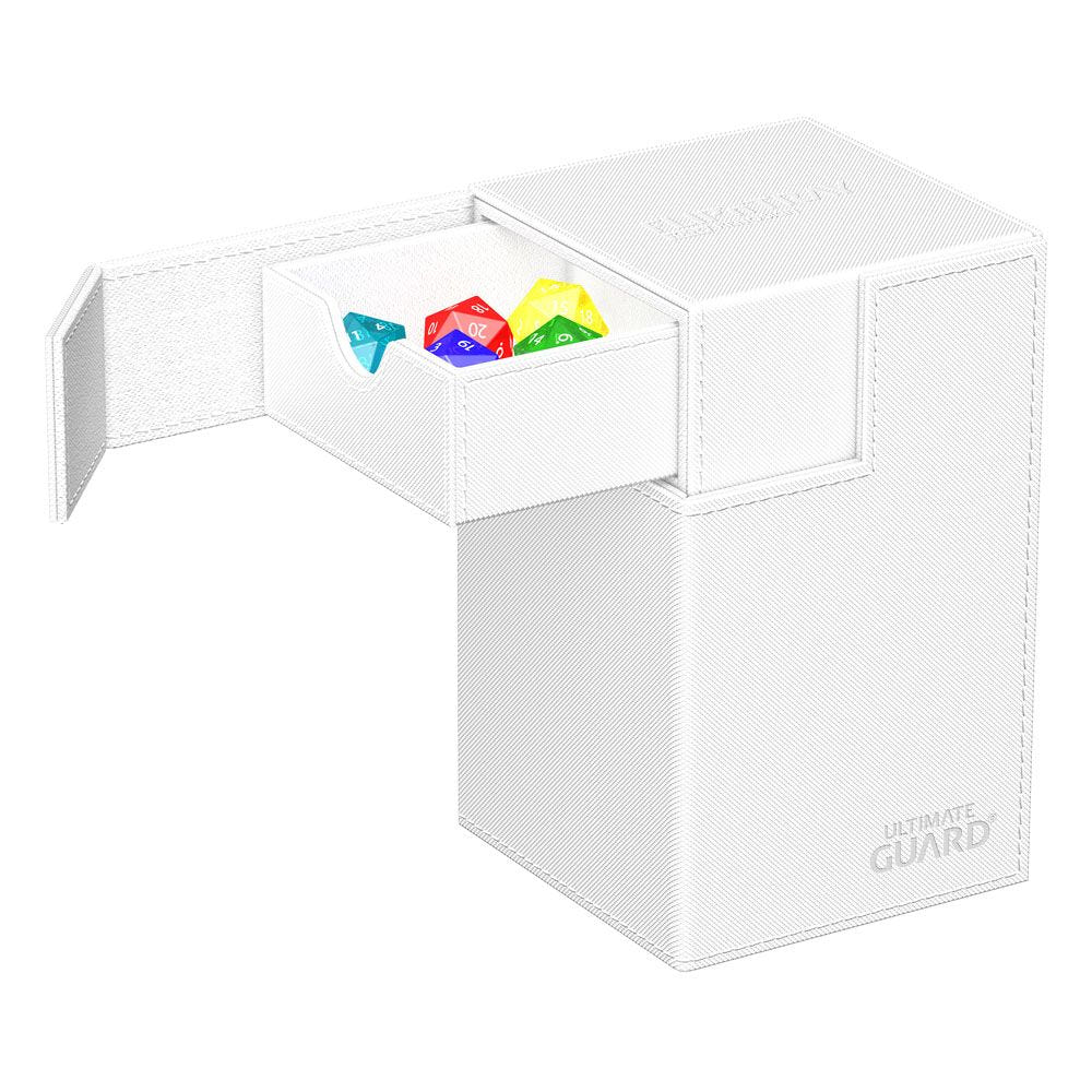 Ultimate Guard Flip'n'Tray 100+ Xenoskin deck box in white, top opened to show dice tray with dice