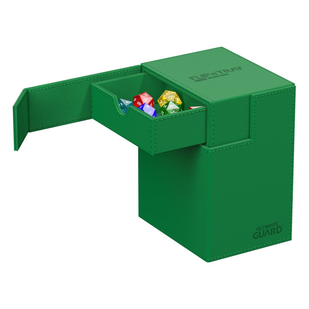 Ultimate Guard Flip'n'Tray 133+ Xenoskin deck box in green, top opened to show dice tray with dice
