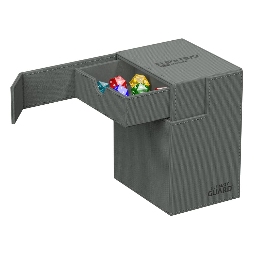 Ultimate Guard Flip'n'Tray 133+ Xenoskin deck box in grey, top opened to show dice tray with dice