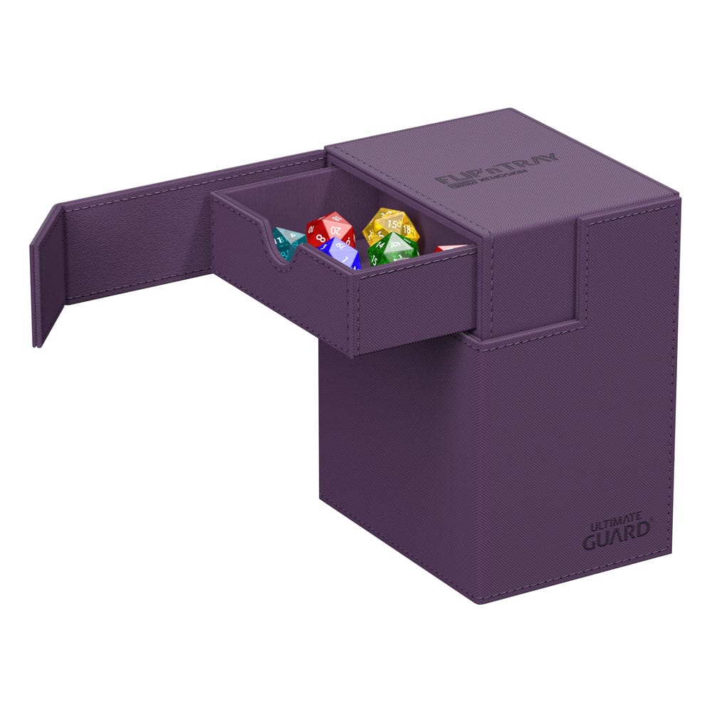 Ultimate Guard Flip'n'Tray 133+ Xenoskin deck box in purple, top opened to show dice tray with dice