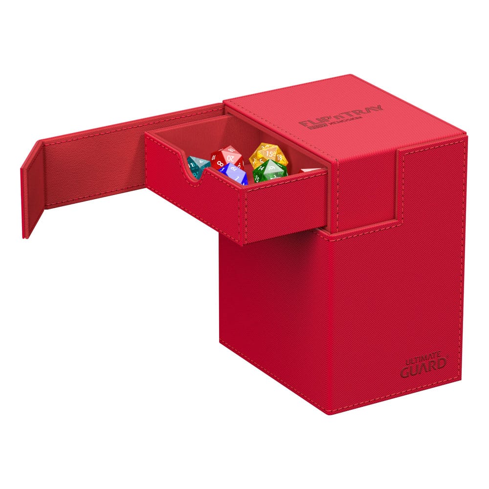Ultimate Guard Flip'n'Tray 133+ Xenoskin deck box in red, top opened to show dice tray with dice
