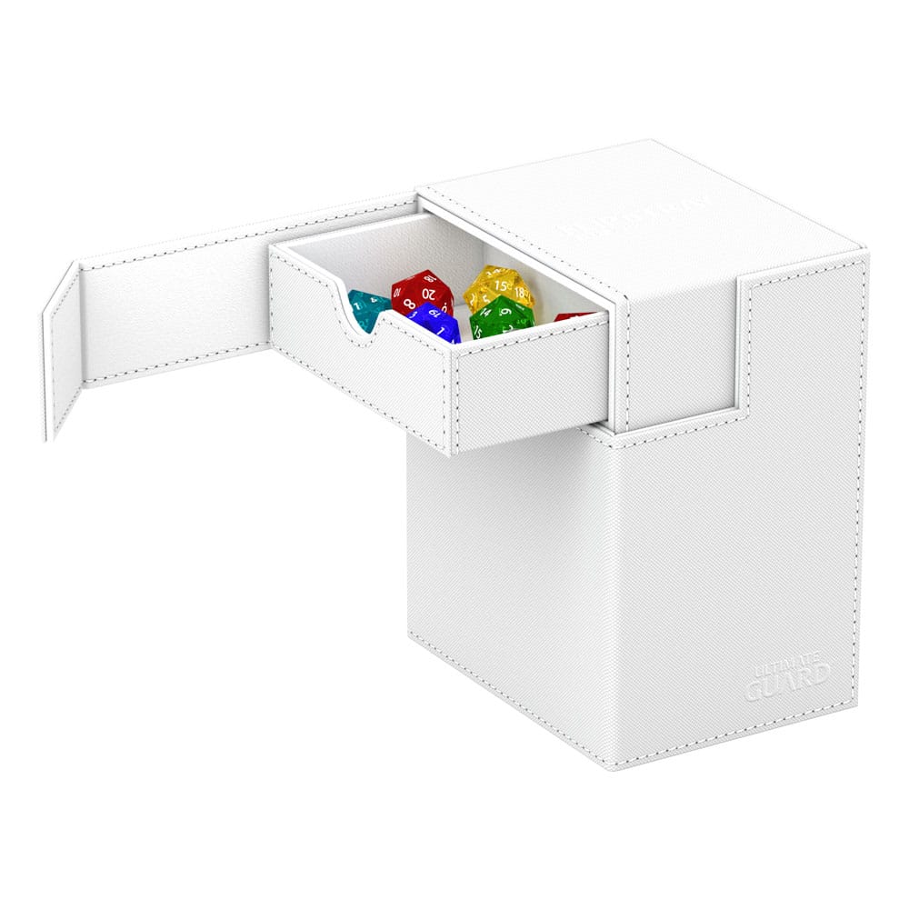 Ultimate Guard Flip'n'Tray 133+ Xenoskin deck box in white, top opened to show dice tray with dice