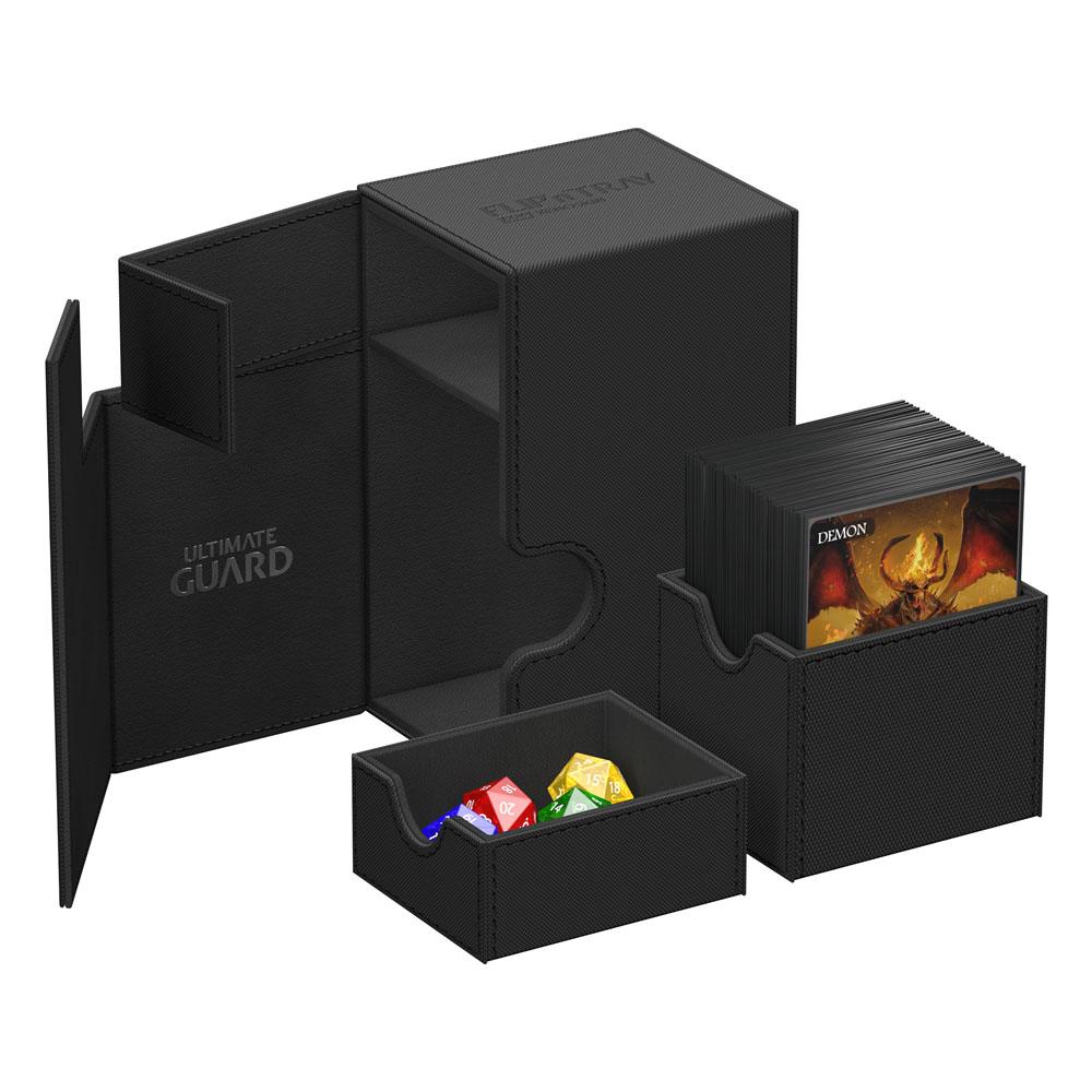 Ultimate Guard Flip'n'Tray 80+ Xenoskin deck box in black, fully opened, card and dice trays removed