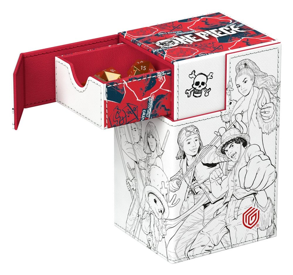 Ultimate Guard Flip'n'Tray 80+ Netflix One Piece Sketch deck box, top opened to show dice tray with dice