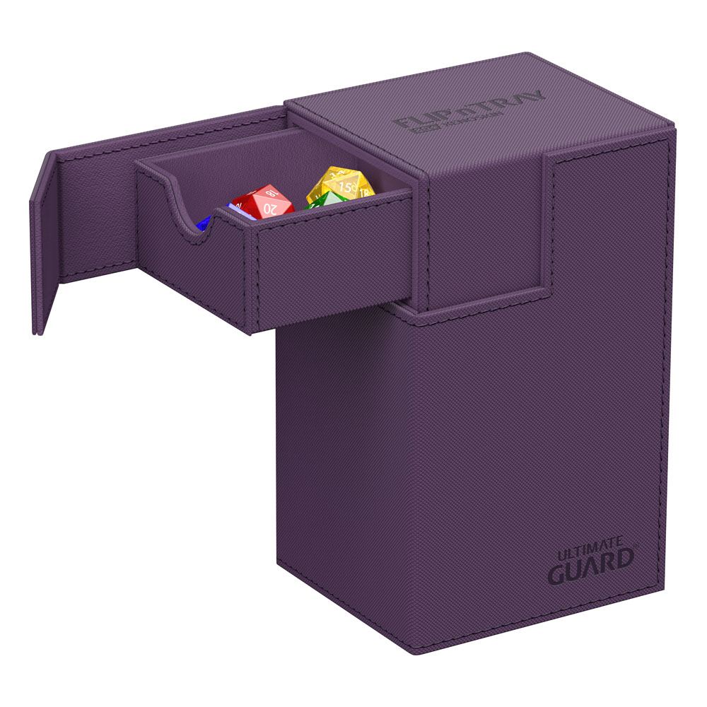 Ultimate Guard Flip'n'Tray 80+ Xenoskin deck box in purple, top opened to show dice tray with dice