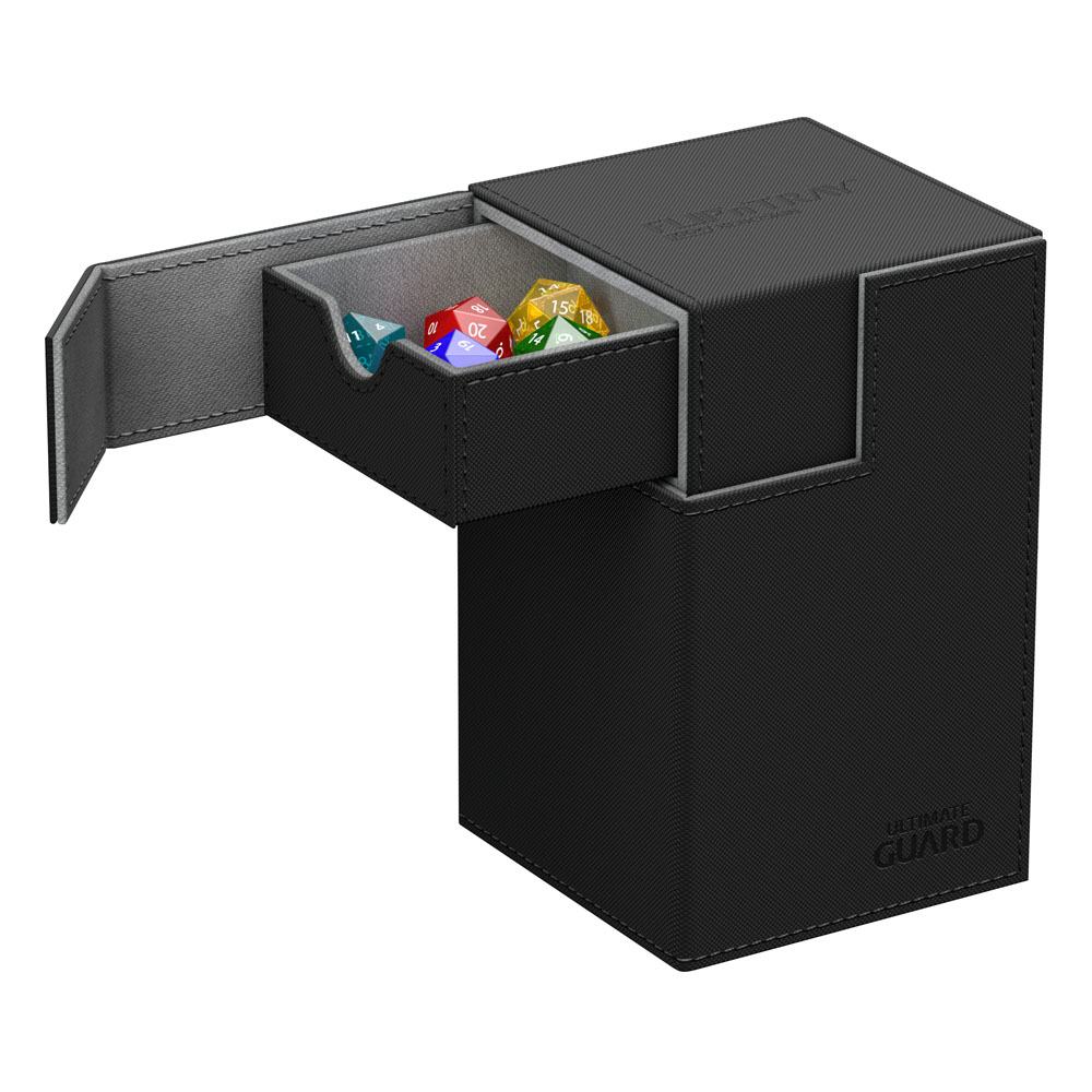 Ultimate Guard Flip'n'Tray 100+ Xenoskin deck box, black with grey interior, top opened to show dice tray with dice