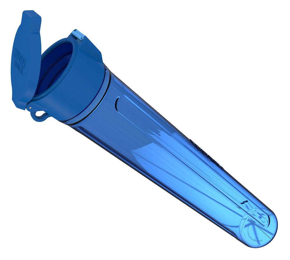 Ultimate Guard MatPod playmat tube in blue, flip-top lid open