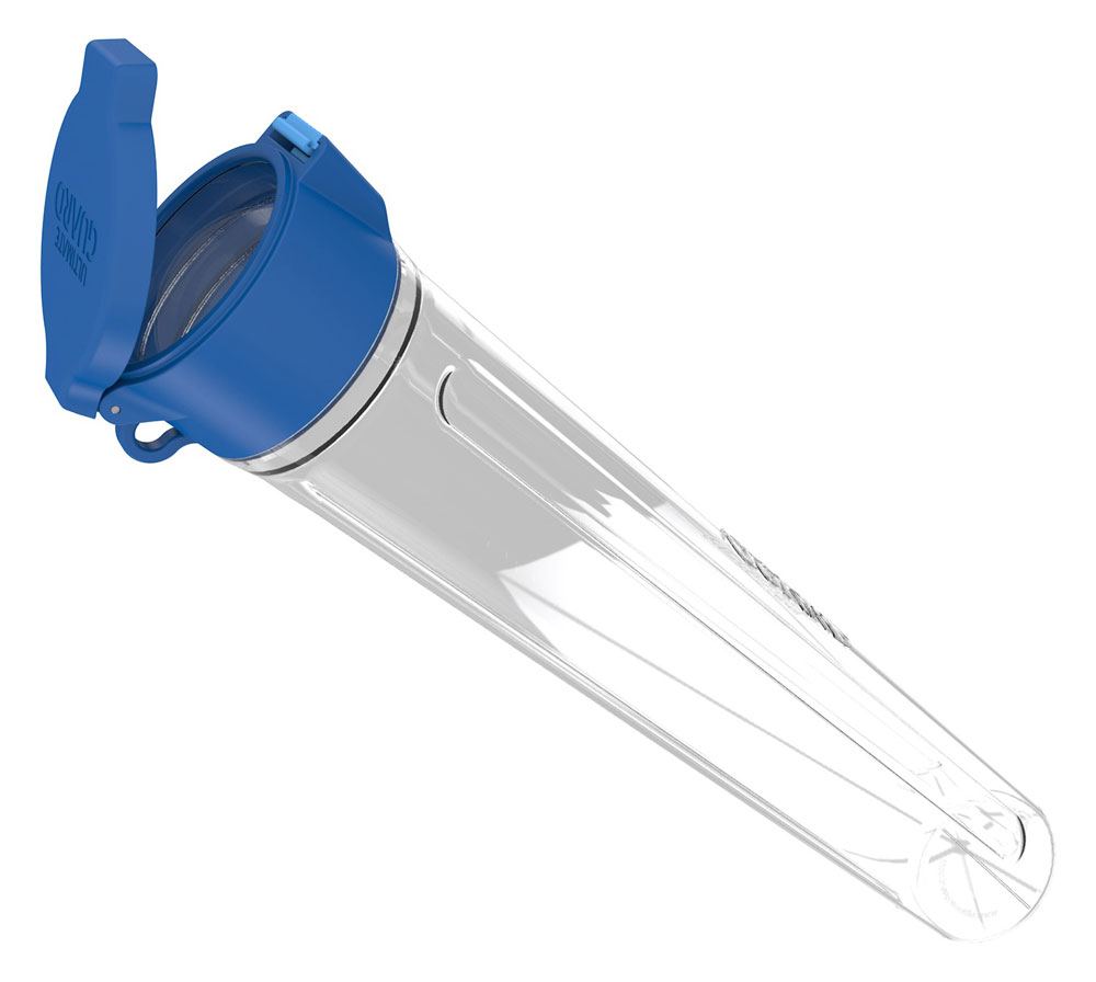 Ultimate Guard MatPod playmat tube in clear, flip-top lid open