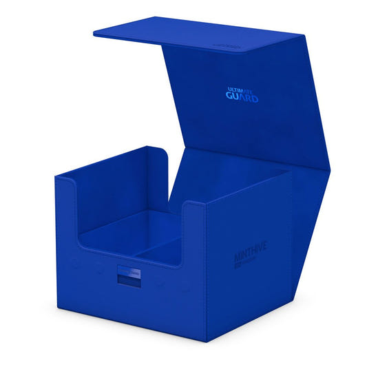 Ultimate Guard Minthive 30+ Xenoskin graded card box in blue, lid open, empty, left angle
