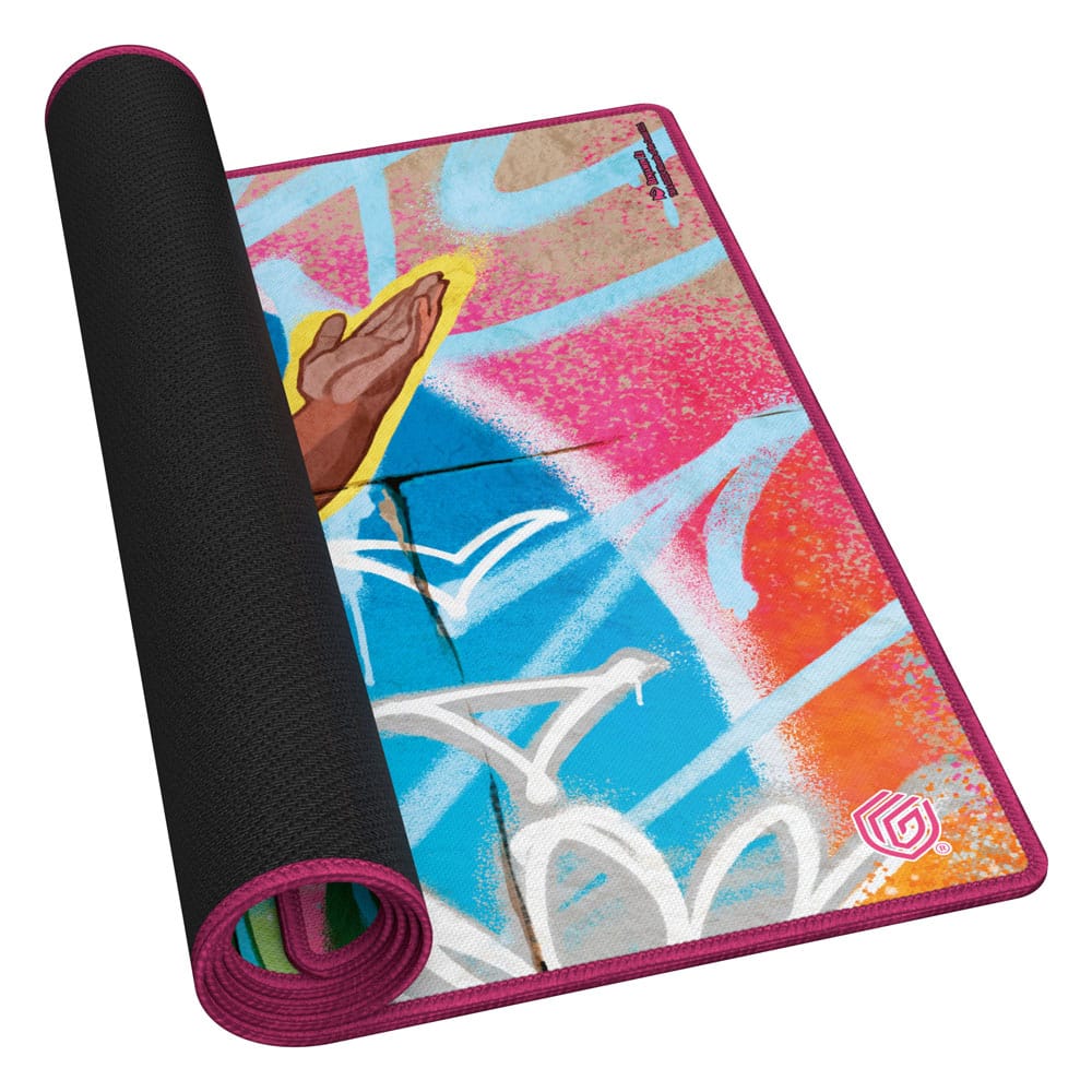 Ultimate Guard MTG Aetherdrift Sab-Sunen play-mat, partly rolled, showing black rubber underside