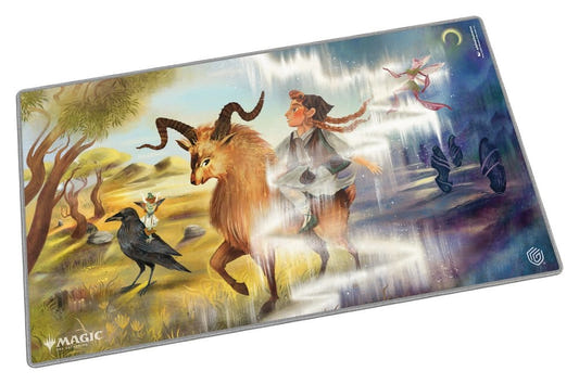 Ultimate Guard MTG Lorwyn Eclipsed Morningtide's Light playmat, angled view: a horned goat, a girl and a crow in a meadow