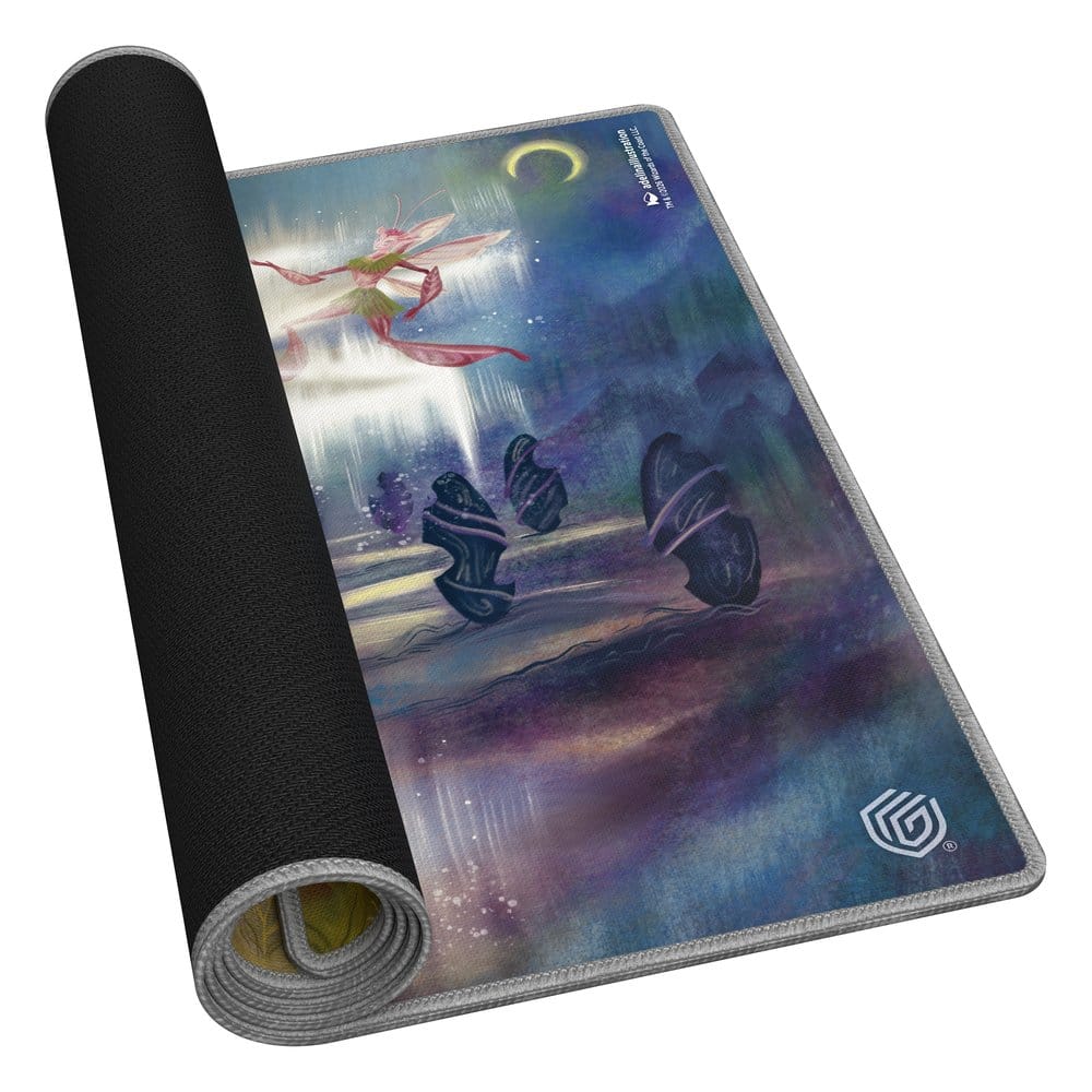 Ultimate Guard MTG Lorwyn Eclipsed Morningtide's Light playmat, partly rolled up to show the black rubber backing