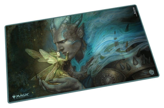 Ultimate Guard MTG Lorwyn Eclipsed Run Away Together playmat, angled view: a horned elf holding a glowing faerie in blue mist