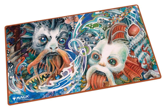 Ultimate Guard MTG Lorwyn Eclipsed Sygg's Command playmat, angled view: colourful merfolk faces amid swirling water