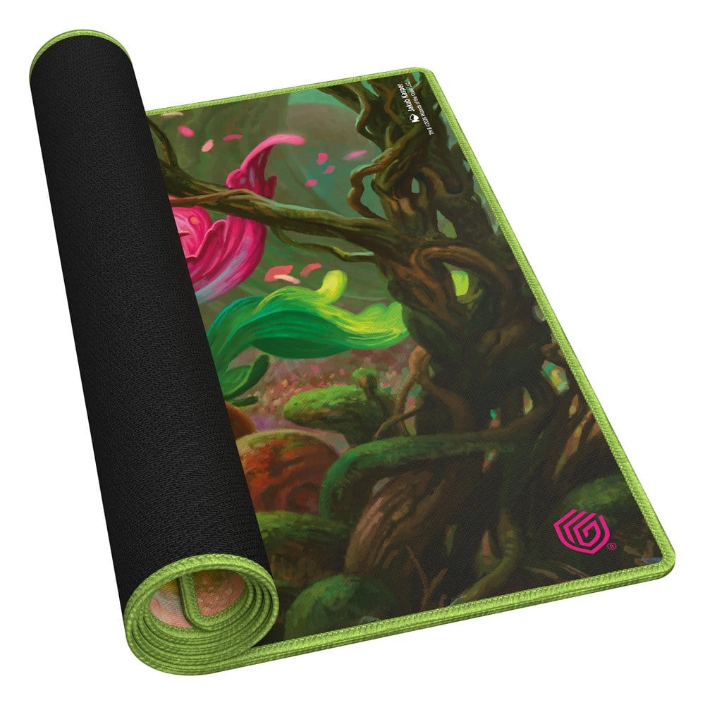 Ultimate Guard MTG Lorwyn Eclipsed Vibrance playmat, partly rolled up to show the black rubber backing