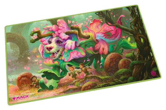 Ultimate Guard MTG Lorwyn Eclipsed Vibrance playmat, angled view: a pink flowery beast bounding through a forest