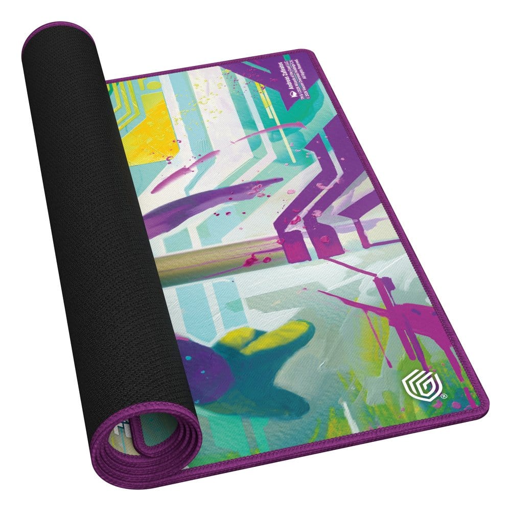 Ultimate Guard MTG x TMNT Donatello's Technique playmat, partly rolled up to show the black rubber backing
