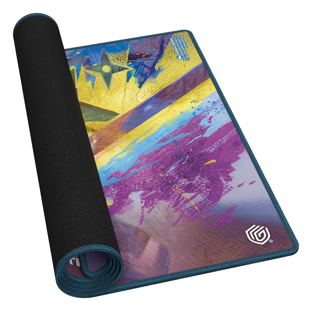 Ultimate Guard MTG x TMNT Leonardo's Technique playmat, partly rolled up to show the black rubber backing