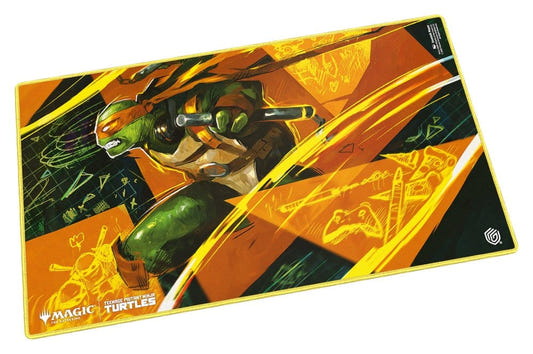 Ultimate Guard MTG x TMNT Michelangelo's Technique playmat, angled view: Michelangelo with nunchucks on an orange background
