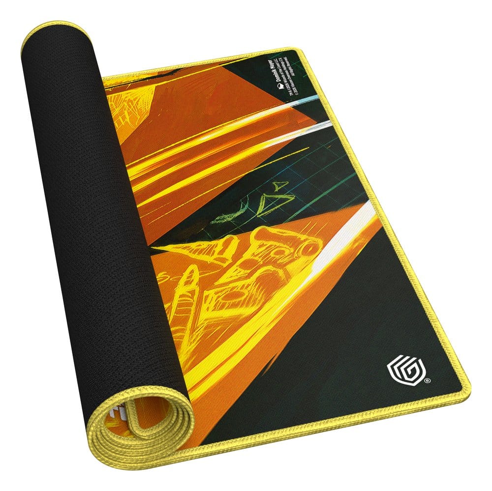 Ultimate Guard MTG x TMNT Michelangelo's Technique playmat, partly rolled up to show the black rubber backing