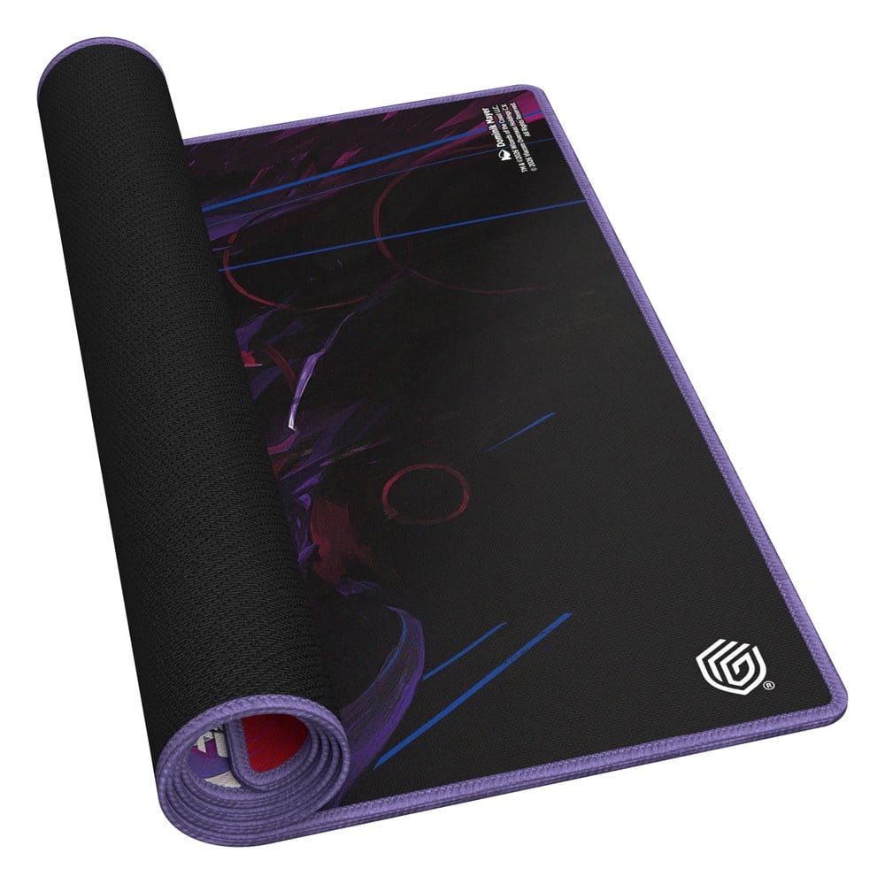 Ultimate Guard MTG x TMNT Shredder's Technique playmat, partly rolled up to show the black rubber backing