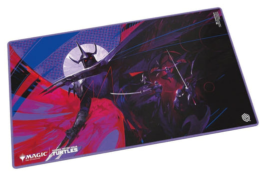 Ultimate Guard MTG x TMNT Shredder's Technique playmat, angled view: Shredder silhouetted against a full moon