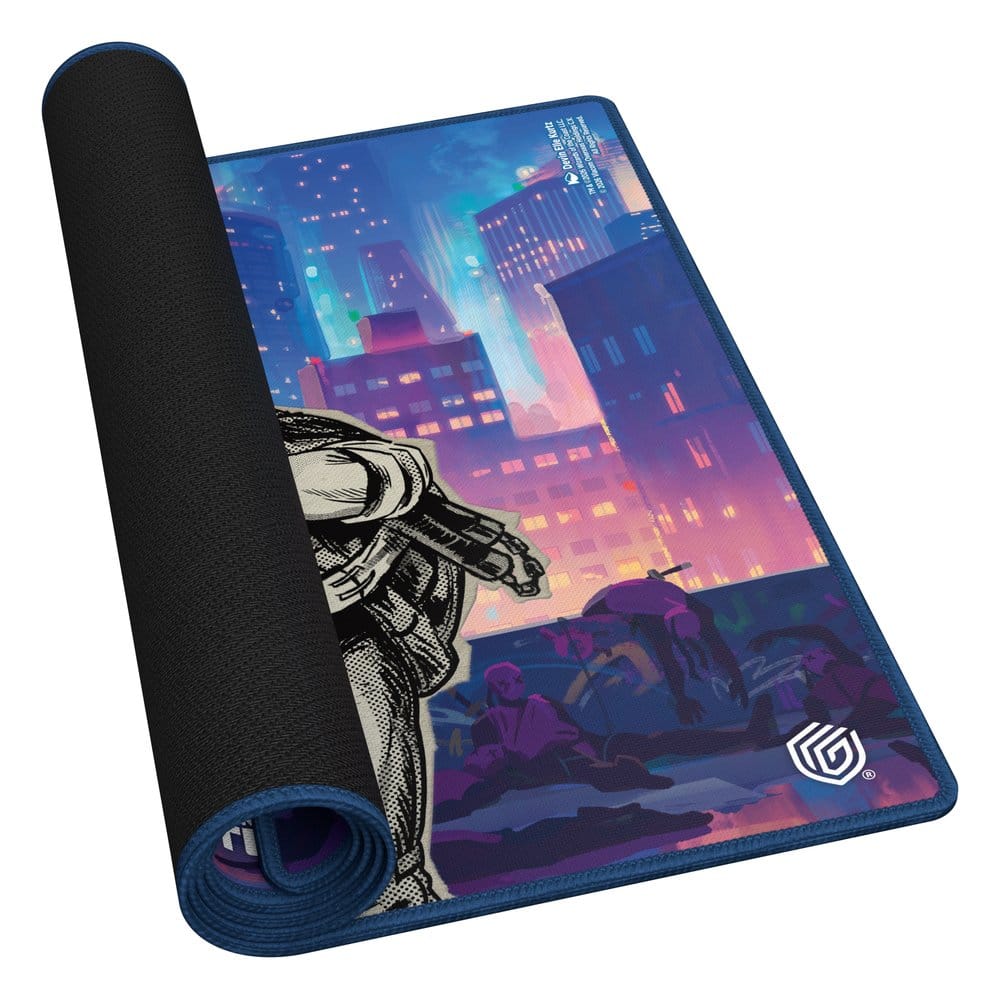 Ultimate Guard MTG x TMNT Turtles Forever playmat, partly rolled up to show the black rubber backing