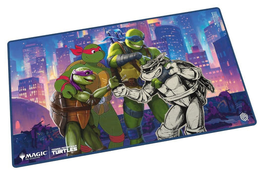 Ultimate Guard MTG x TMNT Turtles Forever playmat, angled view: the four Turtles posing over a neon city skyline