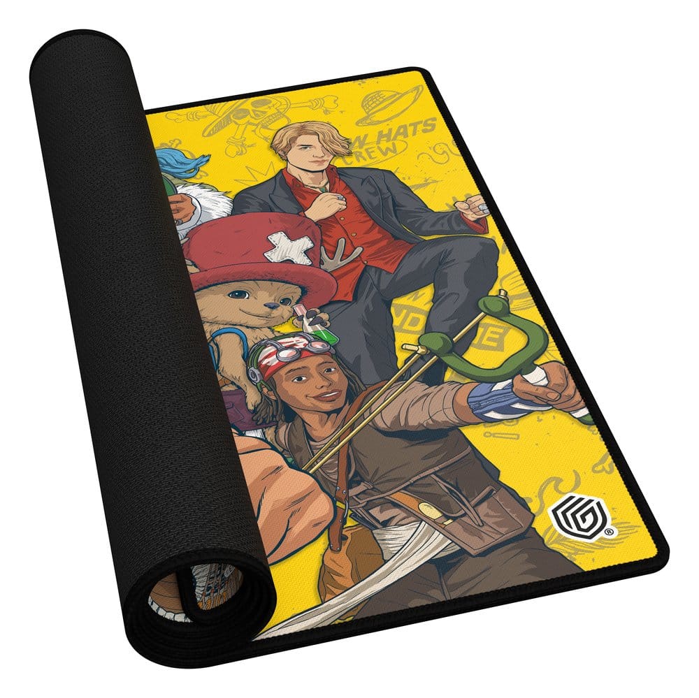 Ultimate Guard Netflix One Piece Crew playmat, partly rolled up to show the black rubber backing