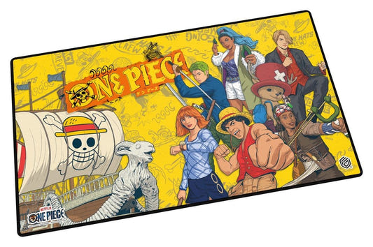 Ultimate Guard Netflix One Piece Crew playmat, angled view: the Straw Hat crew on a yellow background