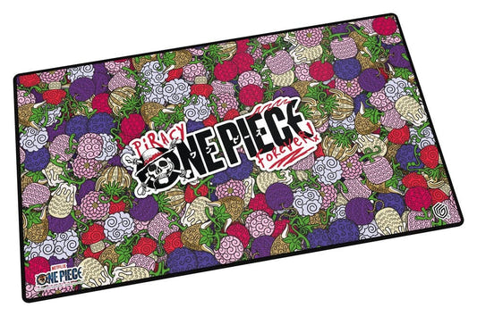 Ultimate Guard Netflix One Piece Devil Fruits playmat, angled view: a pattern of Devil Fruits around the One Piece logo