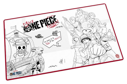 Ultimate Guard Netflix One Piece Sketch playmat, angled view: black-and-white line art of the crew with a red border