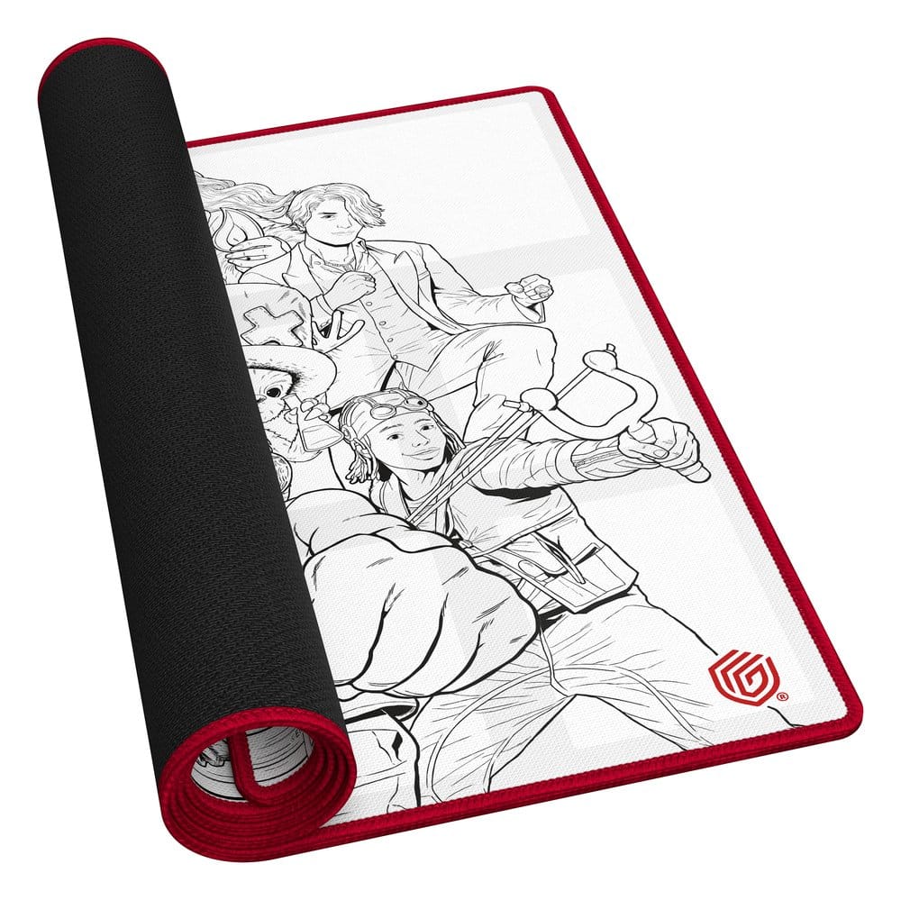 Ultimate Guard Netflix One Piece Sketch playmat, partly rolled up to show the black rubber backing