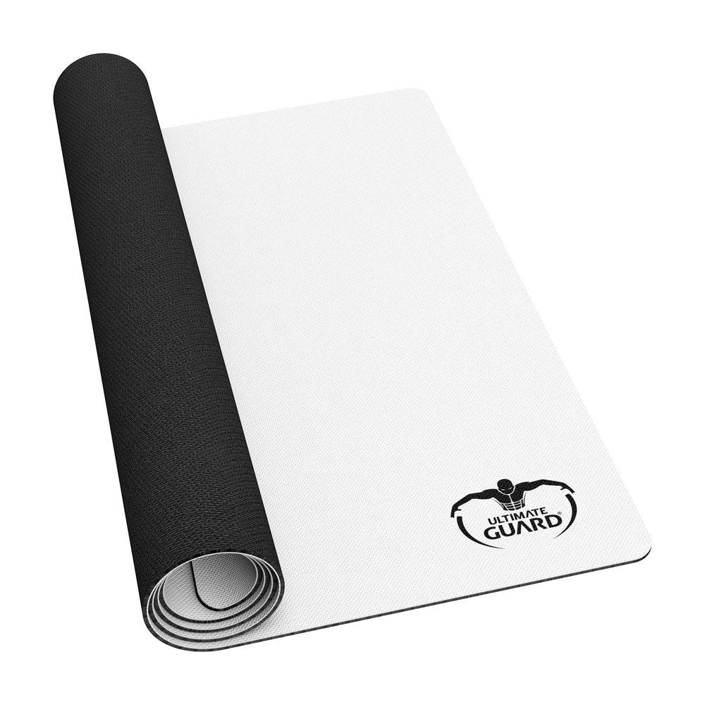 Ultimate Guard Standard white playmat, partly rolled up to show the black rubber backing