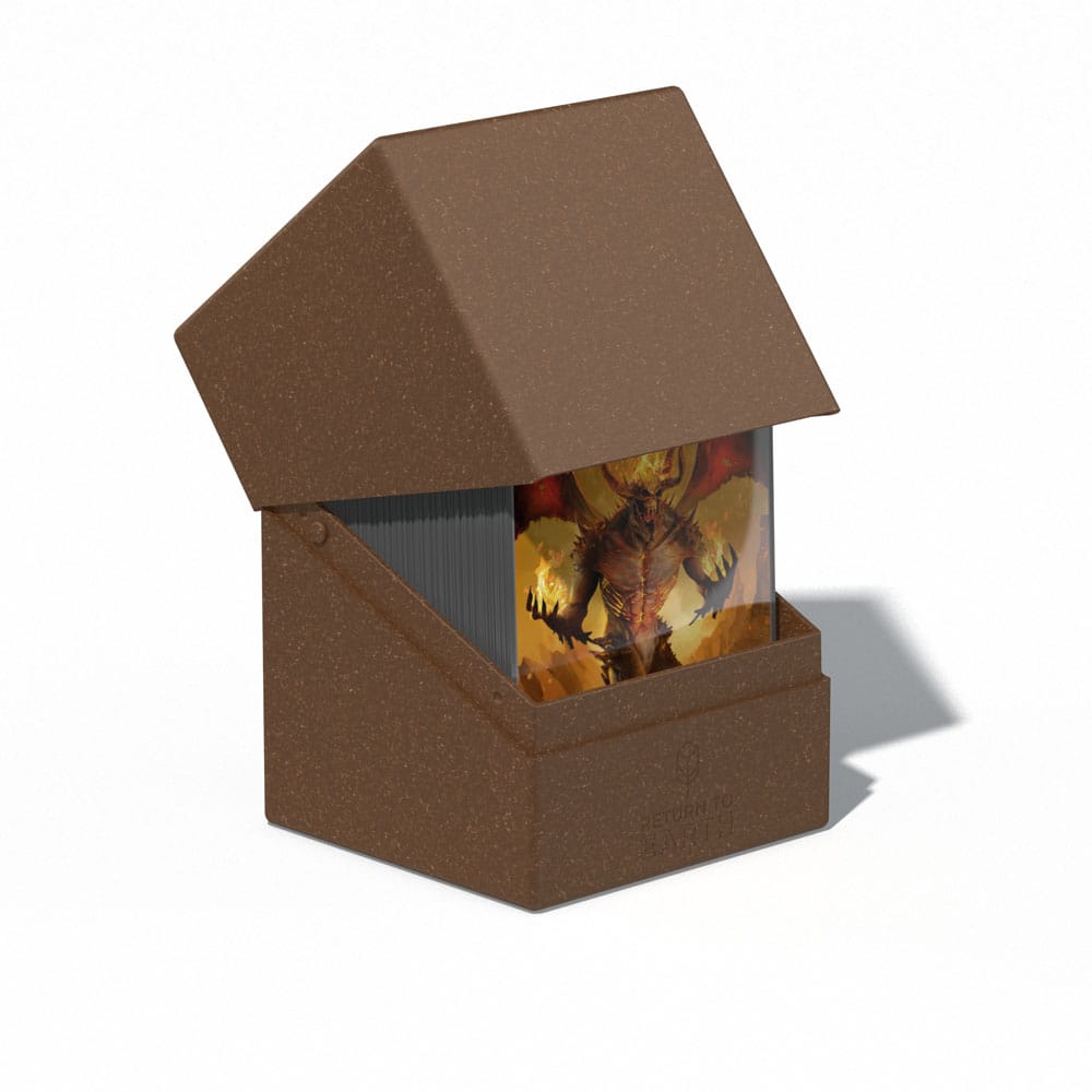 Ultimate Guard Return to Earth Boulder 100+ deck box in brown, lid tilted open over a deck of cards
