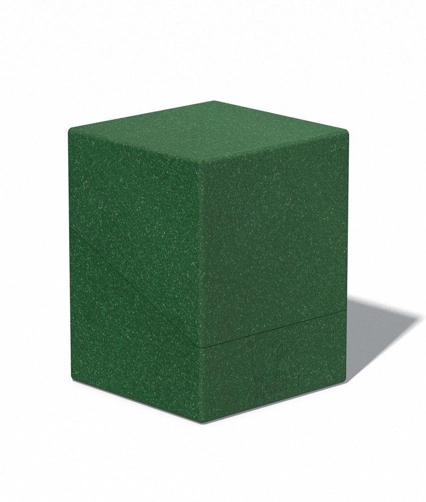 Ultimate Guard Return to Earth Boulder 100+ deck box in green, closed, front-left view