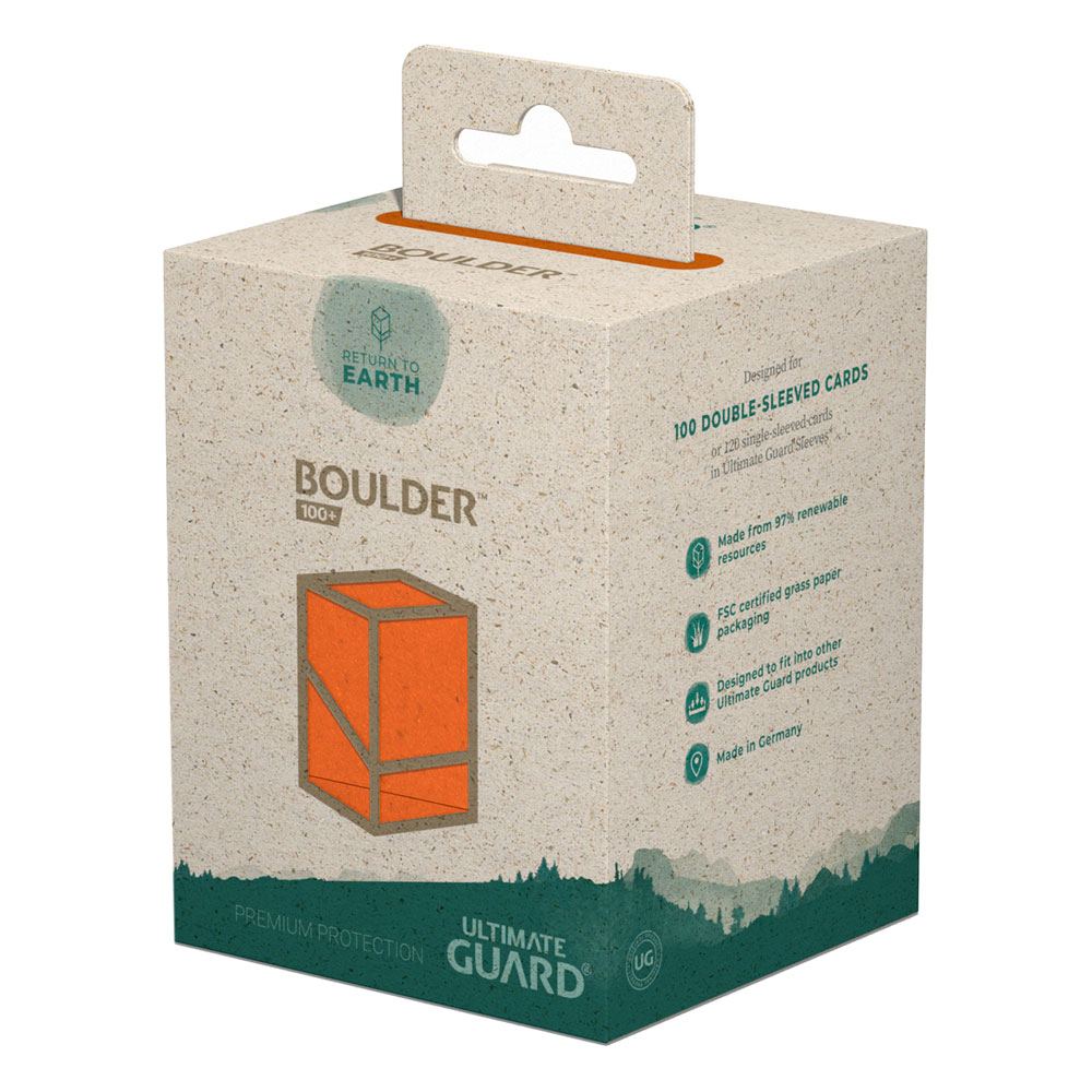 Ultimate Guard Return to Earth Boulder 100+ deck box in orange, in recycled card retail packaging