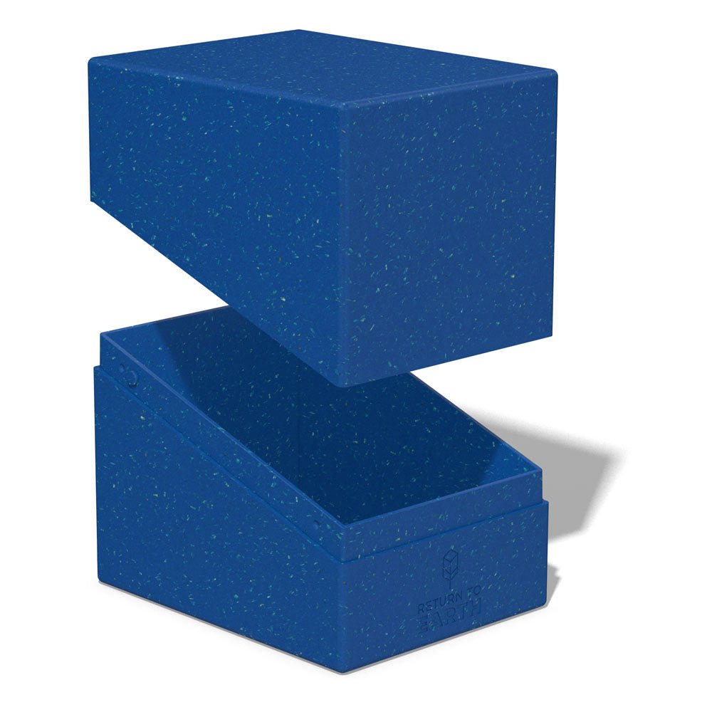 Ultimate Guard Return to Earth Boulder 133+ deck box in blue, lid lifted clear of the empty base