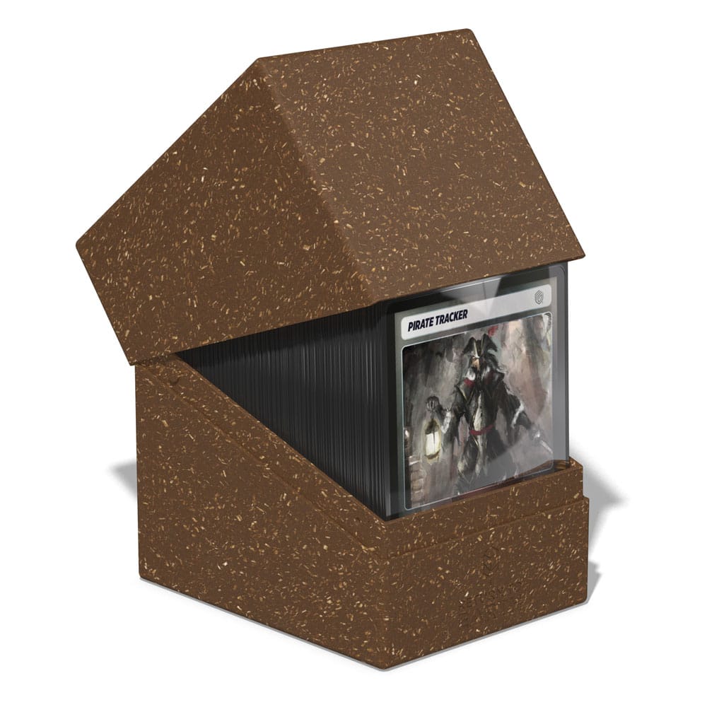 Ultimate Guard Return to Earth Boulder 133+ deck box in brown, lid tilted open over a deck of cards