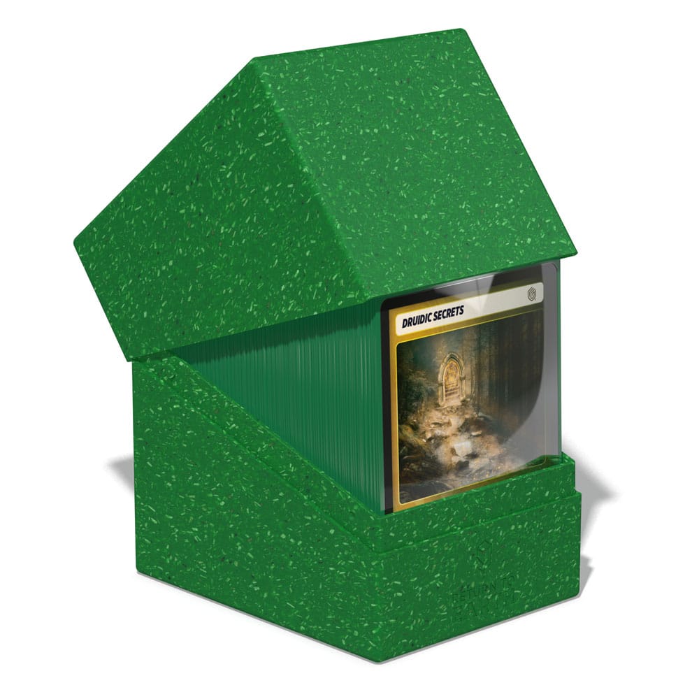Ultimate Guard Return to Earth Boulder 133+ deck box in green, lid tilted open over a deck of cards