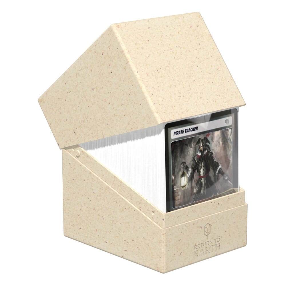 Ultimate Guard Return to Earth Boulder 133+ deck box in natural, lid tilted open over a deck of cards