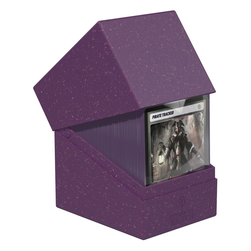 Ultimate Guard Return to Earth Boulder 133+ deck box in purple, lid tilted open over a deck of cards