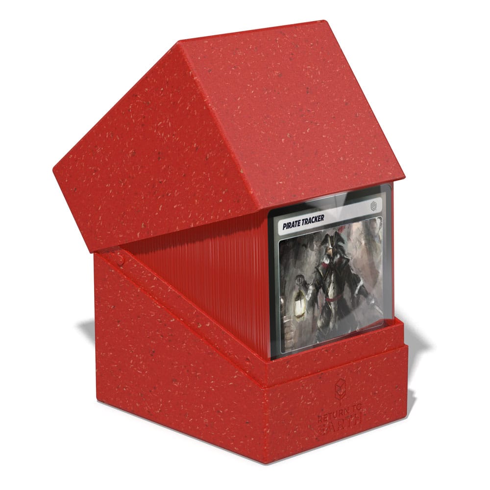 Ultimate Guard Return to Earth Boulder 133+ deck box in red, lid tilted open over a deck of cards