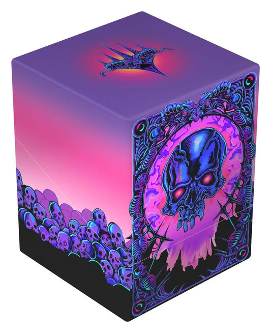 Ultimate Guard Boulder 100+ MTG Mana Token Swamp deck box, closed, purple and pink, a skull emblem and pile of skulls