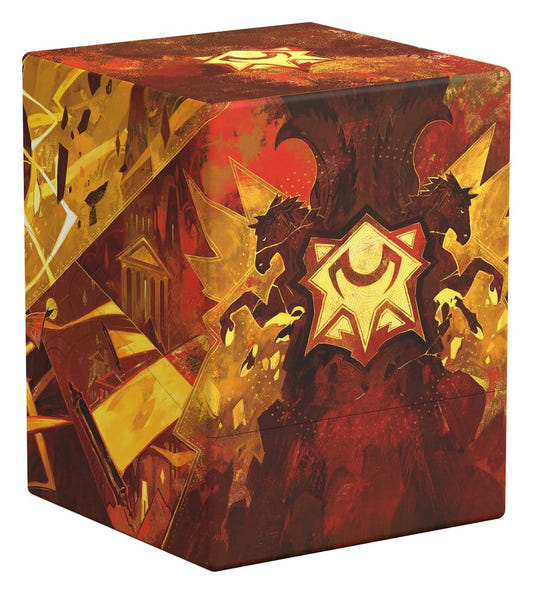 Ultimate Guard Boulder 100+ MTG Strixhaven Lorehold deck box, closed, red and gold, Lorehold crest, front-left