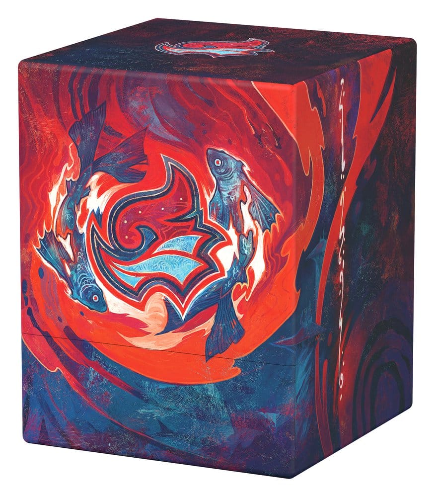 Ultimate Guard Boulder 100+ MTG Strixhaven Prismari deck box, closed, crest panel, front-right view